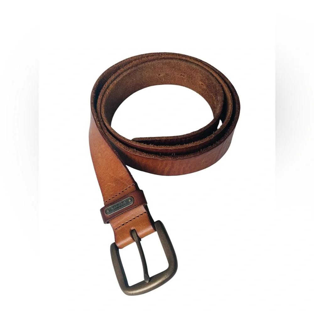Vintage Tommy Hilfiger Brown Leather Belt Brass Logo Buckle Made in USA Mens 42